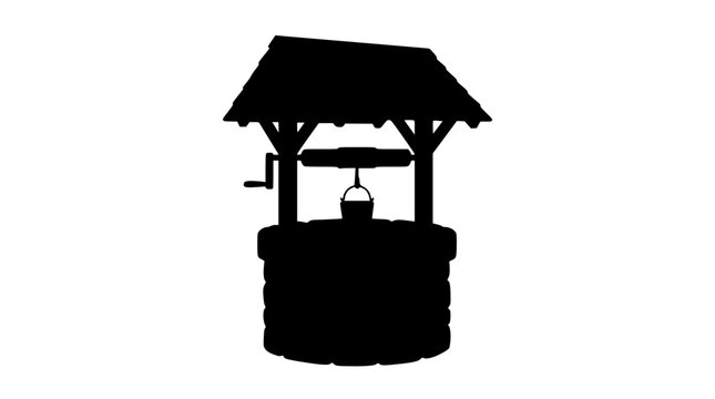 Silhouette of a Traditional Wishing Well with Bucket Isolated on White