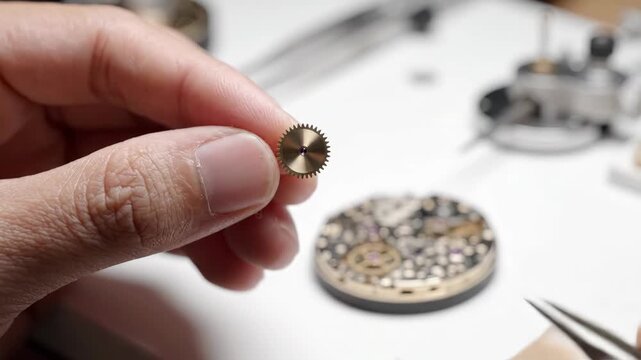 Close-up of a watchmakers hands meticulously assembling a timepiece mechanism.