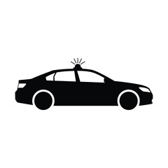 Police car silhouette icon, black law enforcement vehicle with emergency siren light, minimalist sedan patrol car vector, public safety and security transport graphic for web © Kazi Studio