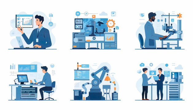 Factory technician operating robotic machinery with digital tools and industrial equipment. Concept of automated production, smart manufacturing, engineering technology, and modern workplace solutions
