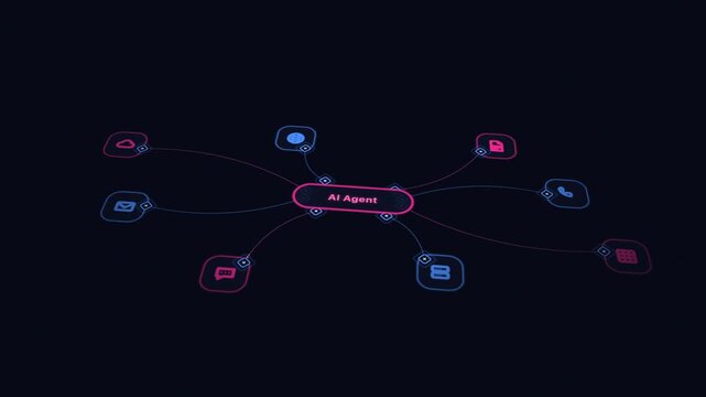 3D animation of an AI Agent connecting to various data sources like Internet, PDF, Database, Excel, Chat, Email, and Phone with dynamic diagonal movement
