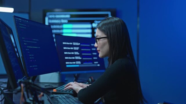 Side view of Asian woman in black turtleneck typing at workstation with code and data on monitors, cyber security work in dark blue office.