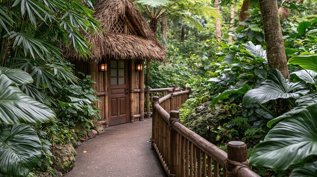 Rustic thatched-roof hut nestled in a lush, tropical jungle with a winding wooden pathway