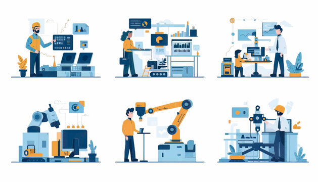 Industrial technician analyzing equipment performance with digital interface in modern factory environment. Concept of automation, engineering, maintenance, technology monitoring