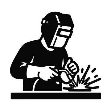 Industrial welder icon in black and white vector style, professional metalworker with welding mask and torch, heavy industry fabrication worker graphic for logo and safety signs