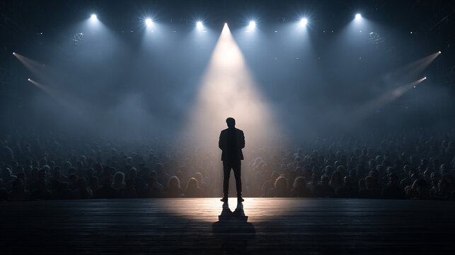 Performer standing alone on dark stage illuminated by bright center spotlight facing crowd.