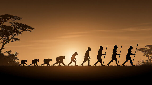 Silhouette depicting human evolution timeline from ape to walking upright man during golden sunset.