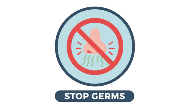 Medical stop germs sign displaying a nose sneezing green bacterial particles crossed out by a red prohibition symbol.