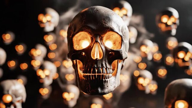 A detailed image of a skull surrounded by multiple smaller skulls with glowing eyes