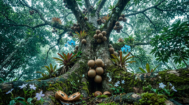 Large ancient tree with textured bark, mossy roots, clusters of round brown sapodilla fruits, and bromeliad plants in a lush green forest