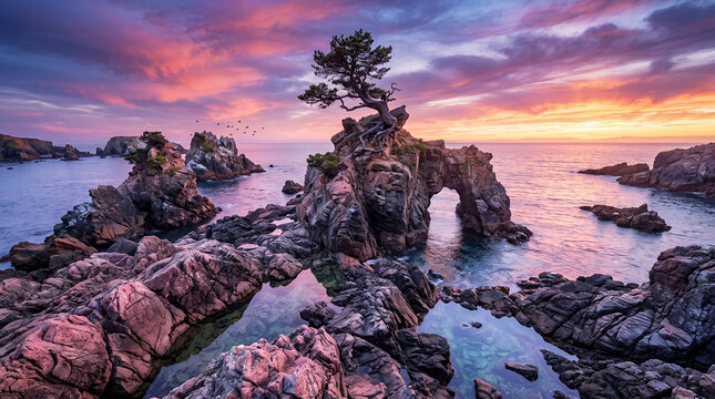 Lone tree atop a jagged rock arch formation in the ocean at sunset, with purple and orange clouds reflecting in calm tide pools