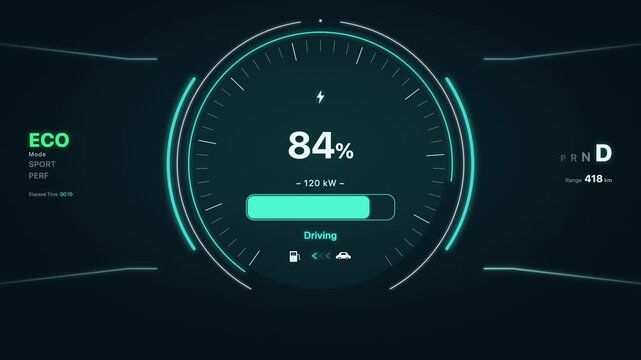 Dynamic electric vehicle dashboard cluster animation showcasing speed and battery metrics