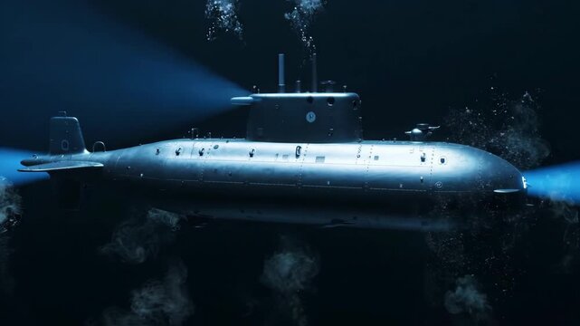 Submarine underwater with bright blue lights illuminating the dark ocean depths.