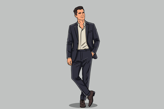 Handsome stylish man in a dark grey suit and unbuttoned white shirt standing confidently against a grey background.