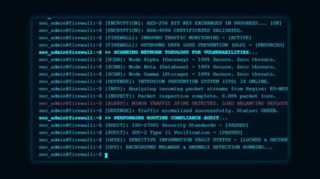 Firewall Security Audit Network Compliance Terminal Background Animation.