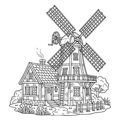 Fototapeta premium Traditional Windmill and Cottage House Line Art Coloring Page for Kids