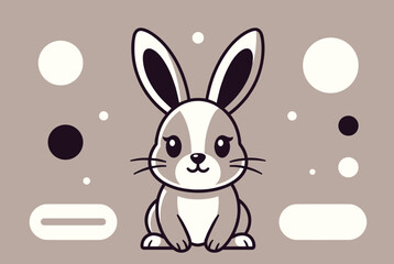 Fototapeta premium Adorable cartoon rabbit sitting calmly surrounded by abstract white and black circular shapes on a gray background.