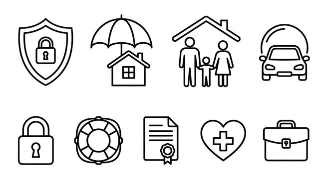Comprehensive insurance protection and safety symbol collection.