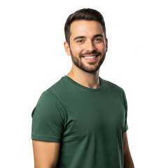 Obraz premium Happy smiling young man wearing a green t-shirt isolated on transparent background