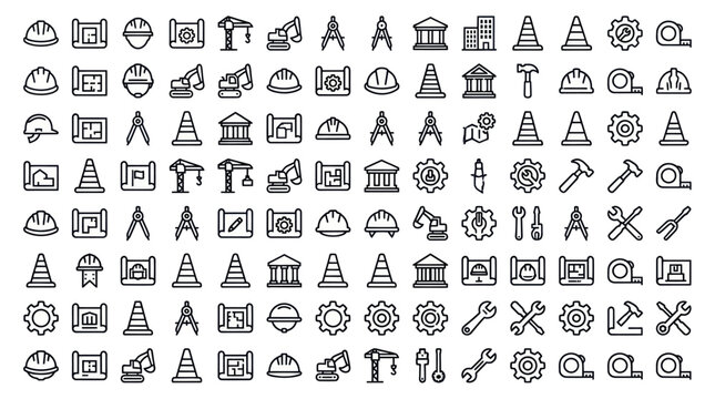 Construction architecture and building tools outline icons.