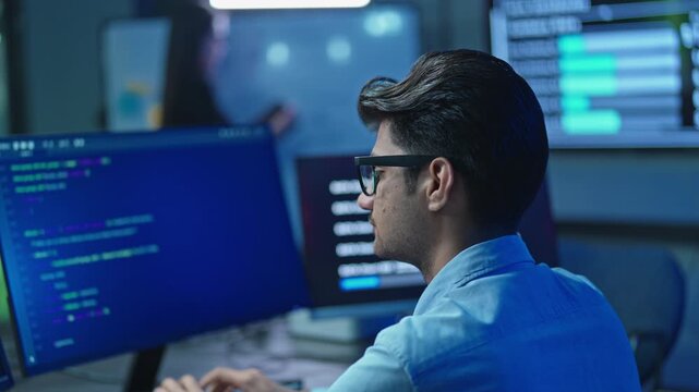 Back view of Male Programmer with glasses between code and data screens, woman at whiteboard in background, software team working late at night.