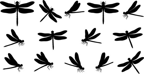 Dragonfly Silhouette Collection with Flying Insect Poses Black Vector Illustration Set © Jahanara