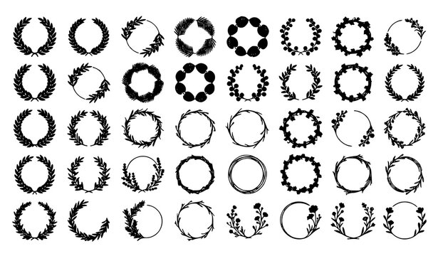 Botanical Laurel Leaf Frame Silhouettes Collection with Round Nature Wreath Vector Templates