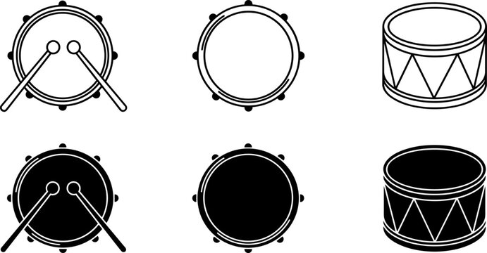 Drum and Tambourine Musical Instrument Icon Collection Outline and Silhouette Vector Set