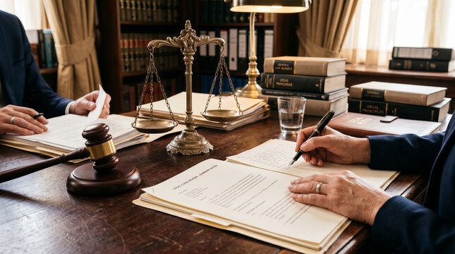 Lawyer signing legal documents on desk with scales of justice.