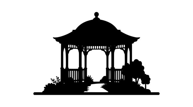 Black silhouette of a garden gazebo with path and bushes illustration