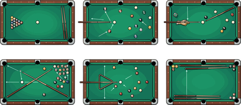 Billiards Pool Table Game Instruction Collection with Shot Strategies and Equipment Vector Set