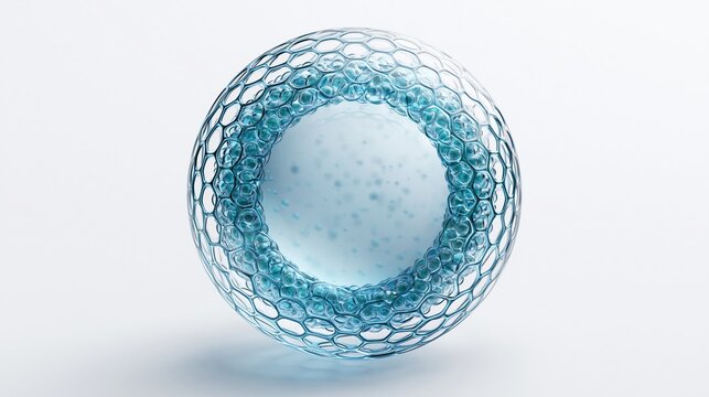 Abstract 3d light blue transparent glass toroidal shape with hexagonal honeycomb cellular structure floating on plain white minimalist background for modern decorative design