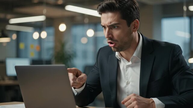 Shocked and Angry Businessman Reacting to Bad News on Laptop in Modern Office