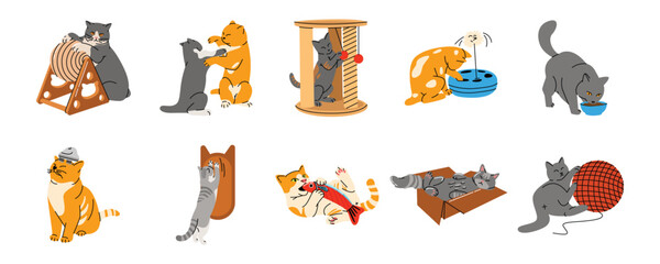 Fototapeta premium Cartoon flat vector illustration set of various cute cat activities and behaviors. Cute cartoon vector bundle of playful kittens interacting with pet toys