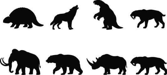 Fototapeta premium Ice Age Megafauna Silhouette Vector Set Featuring Mammoth, Sloth, Wolf, Bear, and Saber‑Toothed Cat