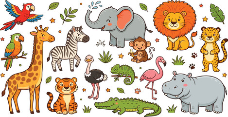 Fototapeta premium Cute cartoon safari jungle wild animal collection vector illustration featuring adorable lion elephant giraffe tiger zebra hippo alligator characters