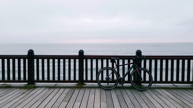 Single Speed Bicycle Parked on Wooden Boardwalk Overlooking Calm Ocean on Overcast Day