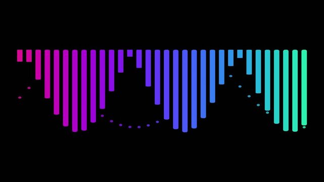 Dynamic audio equalizer bars animating with a vibrant gradient color transition from magenta to blue and teal on a sleek black background creating a modern visualizer