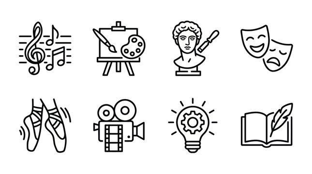 Creative arts, music, and performance line icon set.