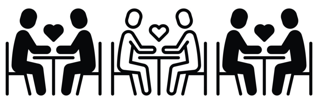 Set of flat line art and glyph icons featuring a couple sitting at a table on a romantic date dinner in a cafe with a heart symbol, perfect for relationships and love concepts vector illustration