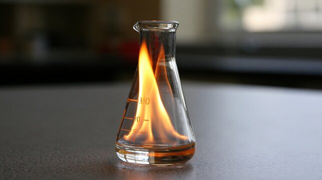 Flammable liquid burning inside a laboratory Erlenmeyer flask with visible flame and reflections