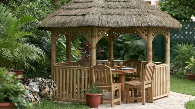 Tropical Bamboo Gazebo with Seating Area and Thatched Roof in Lush Garden Setting