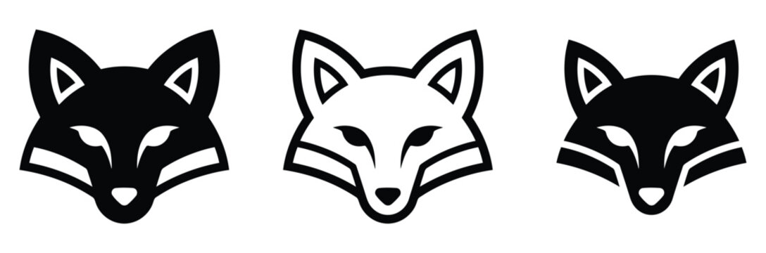 Fox head and wild animal face logo element vector icon set. Forest predator silhouette, cunning wolf or jackal mascot design, nature wildlife conservation symbol. Flat vector illustration.