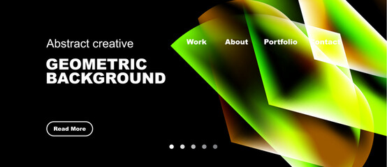 Naklejka premium Dark background features vibrant geometric shapes, text elements, navigation options. Modern design promotes creativity, portfolio access.