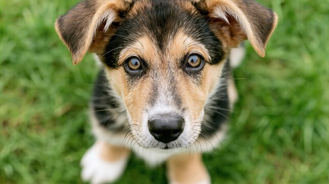 Adorable mixed breed puppy looking up expectantly on a bright sunny day with lush green grass
