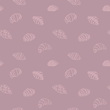 Elegant Croissant Seamless Pattern with Delicate Line Art on Mauve Background, Minimal French Bakery Illustration for Modern Interior and Textile