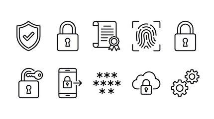 Cybersecurity and digital data protection line icons. © ULFAITA