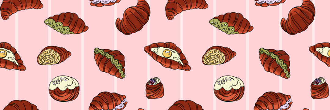 French Croissant and Pastry Seamless Pattern, Hand Drawn Bakery Repeat with Sweet Baked Goods on Soft Pink Background for Cafe Branding and Textile
