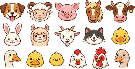 Obraz premium Cute farm animal faces vector sticker collection featuring happy cartoon avatars of domestic livestock and poultry on white background