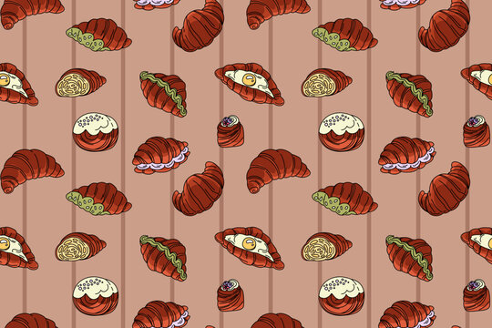 Seamless French Bakery Pattern with Croissants, Filled Pastries and Sweet Desserts on Warm Brown Background, Cozy Hand Drawn Food Illustration